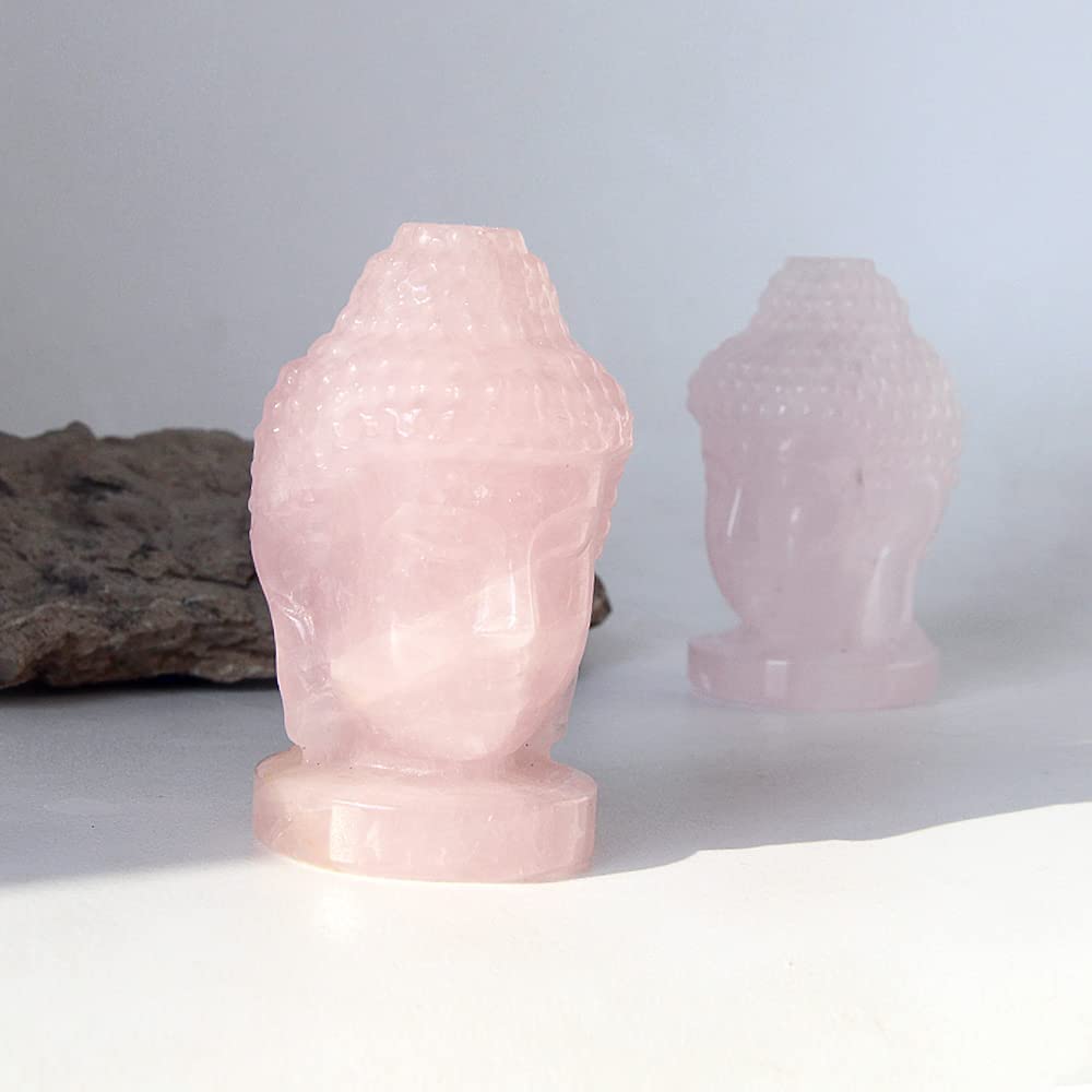 Natural Rose Quartz Buddha Head Crystal Carved Figurine Healing Crystal Stone Collection Statue for Home Office Decoration Gemstone