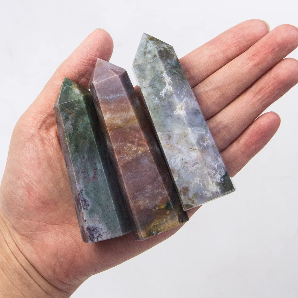 3.5" Natural Ocean Jasper Tower Crystal Quartz Healing Wand Stone Point 6 Faceted Prism Carved Stone Figurine Meditation Therapy Reiki