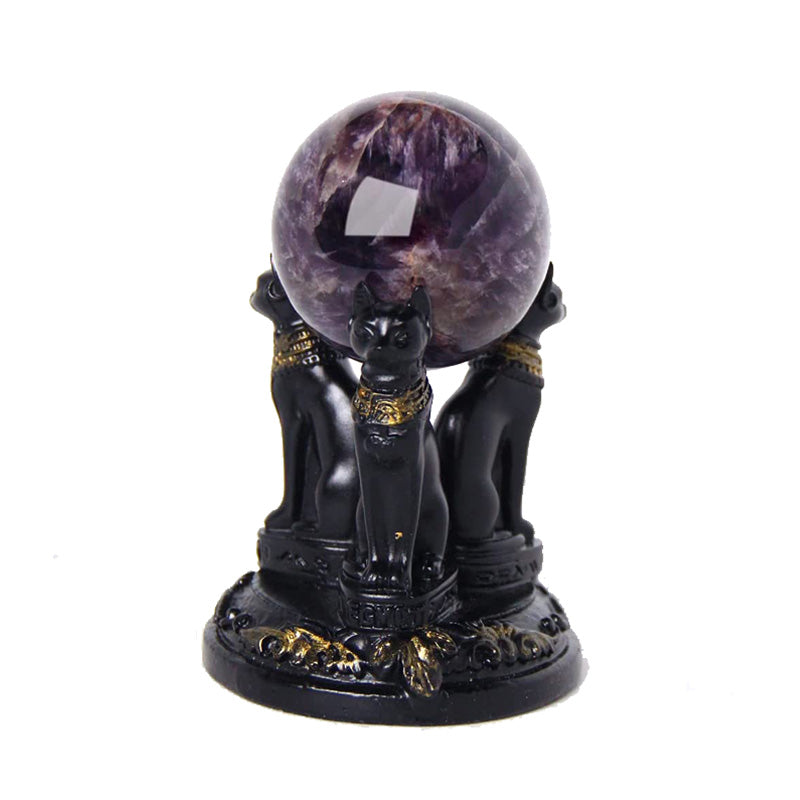 Triple Egyptian Bast Bastet Cats Crystal Sphere Ball Stand Display Base Holder