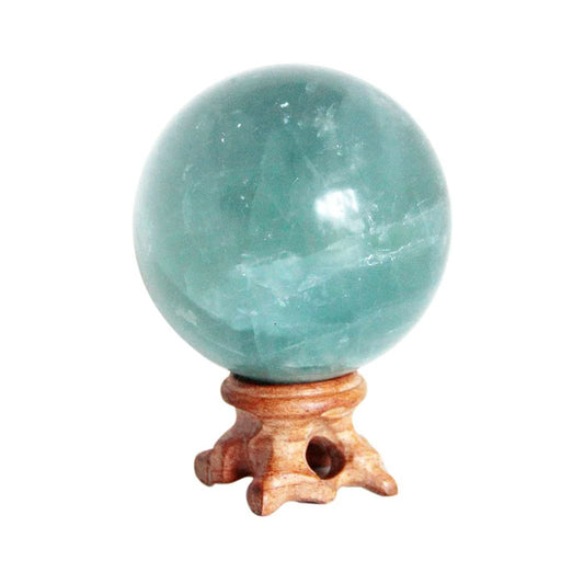 Green Fluorite Crystal Quartz Sphere with Wood Stand