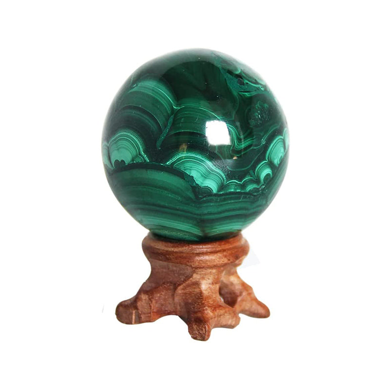 Malachite Sphere with Wood Stand