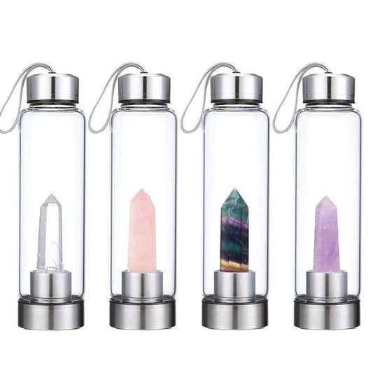 Natural Crystal Point Wand Energy Crystal Quartz Glass Water Bottle Amethyst/Rose Quartz/Fluorite/Clear Crystal