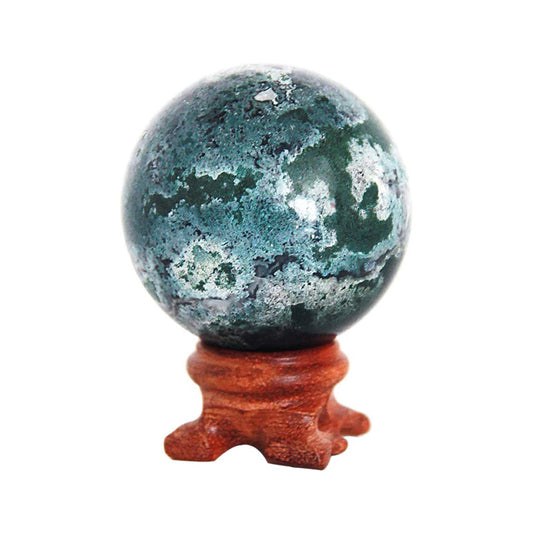 Moss Agate Crystal Quartz Sphere with Wood Stand