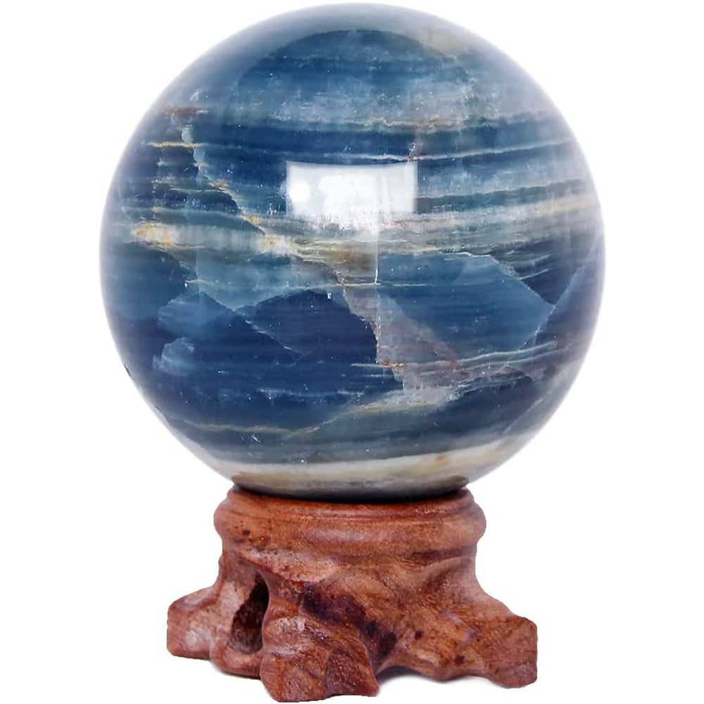 Blue Onyx Aquatine Calcite Sphere with Wood Stand Natural Quartz Crystal Healing Mineral Gemstone Ball Divination Sculpture Figurine