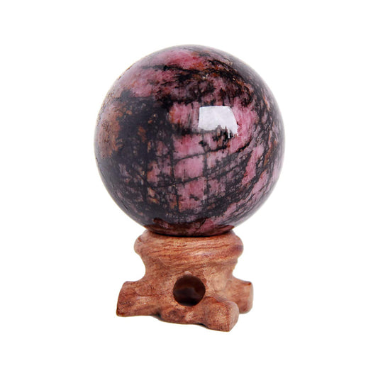 Rhodonite Crystal Quartz Sphere with Wood Stand