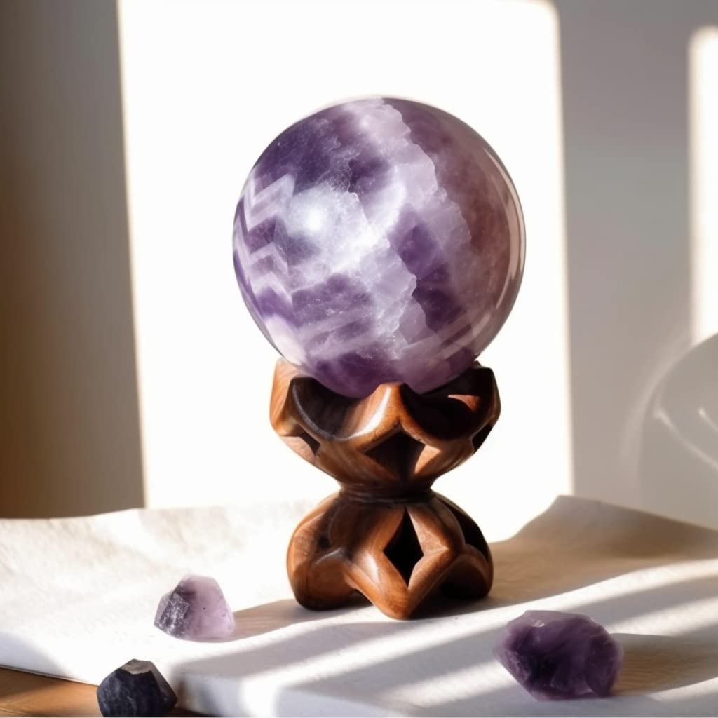 Dream Amethyst Crystal Quartz Sphere with Wood Stand Natural Crystal Healing Mineral Ball Divination Sphere Sculpture Figurine