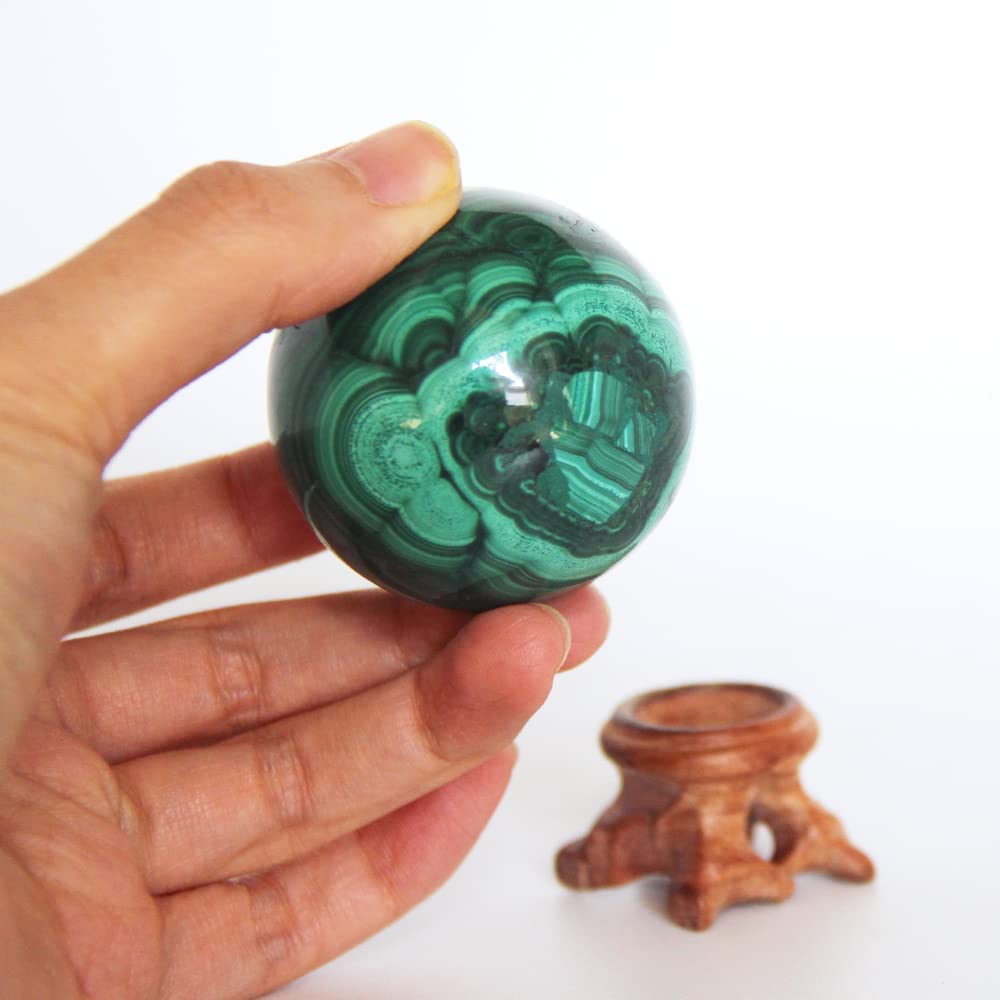 Malachite Sphere with Wood Stand