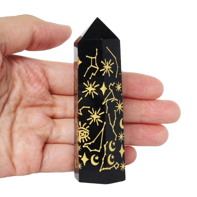 Black Obsidian Point Tower Carved Golden Rune Totem Constellation Astrology Star Moon Phase Pattern Crystal Healing Energy