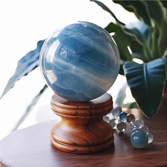 Blue Onyx Aquatine Calcite Sphere with Wood Stand Natural Quartz Crystal Healing Mineral Gemstone Ball Divination Sculpture Figurine